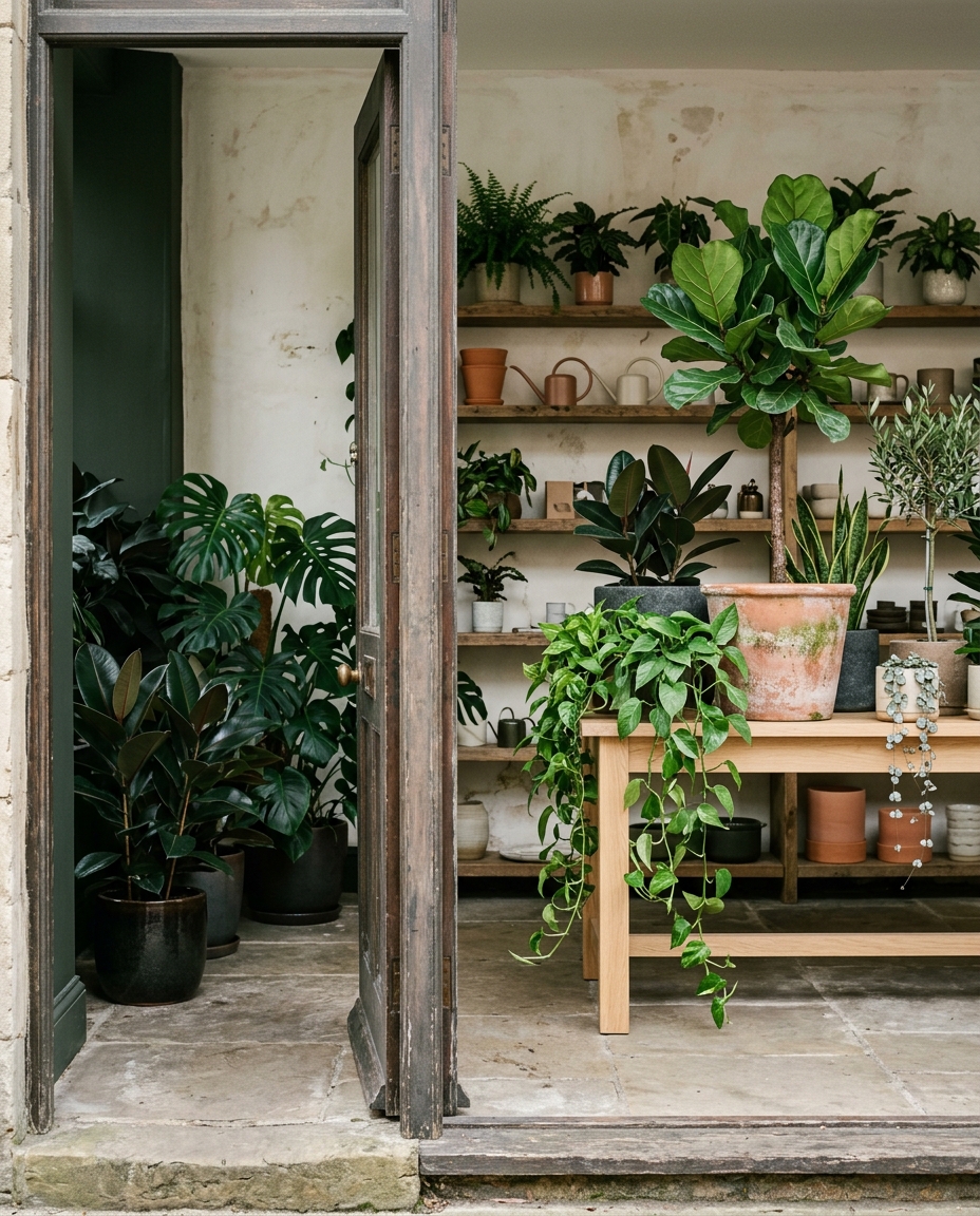 The open door of a plant-filled shop with leafy houseplants and terracotta pots