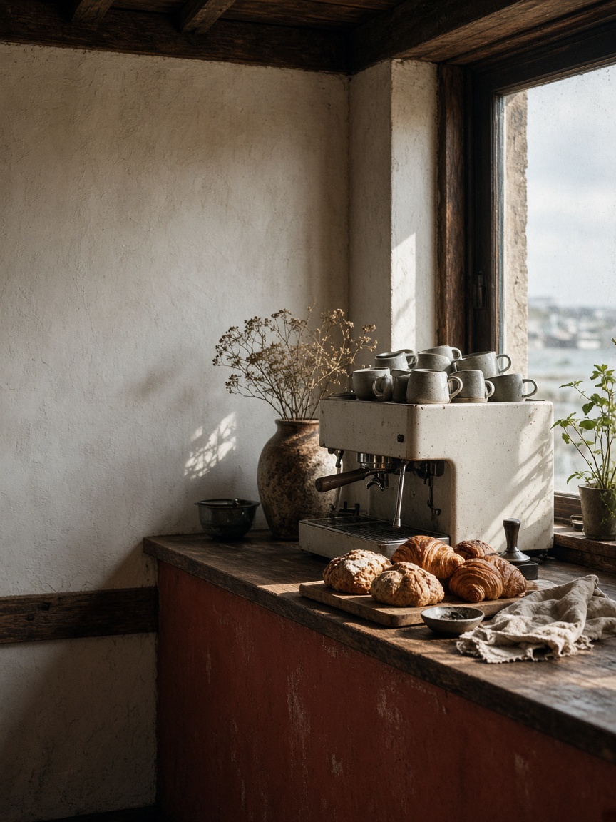 Morning Club website preview, with blue typography and sunlit café photography